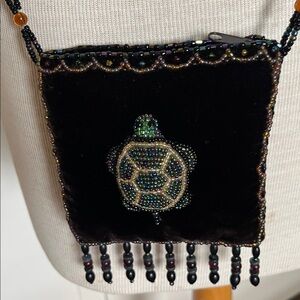 Unique Collectible Black Beaded Crossbody Bag Beaded Turtle Beautiful Chain